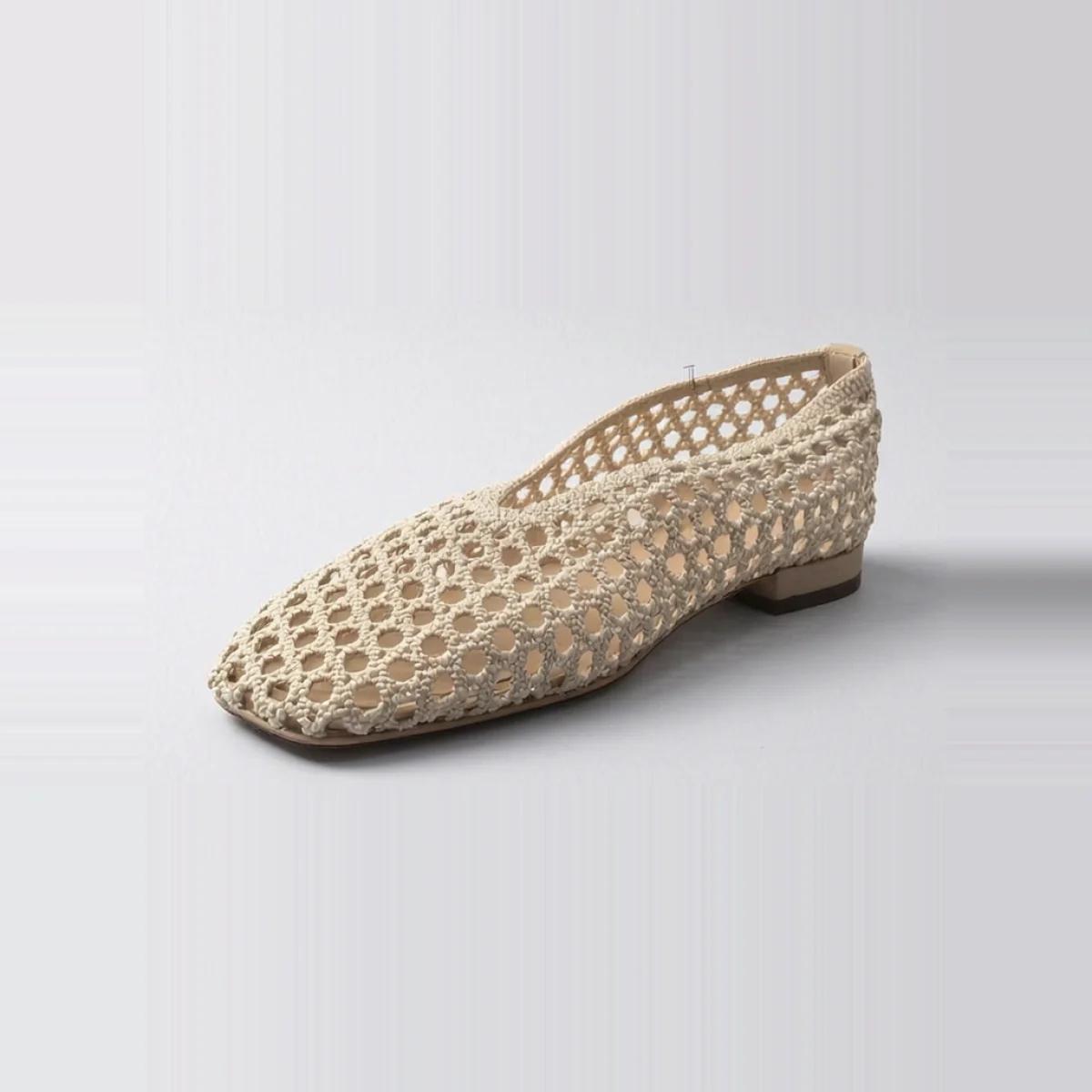 Beige Hollow V-Cut Low Heel